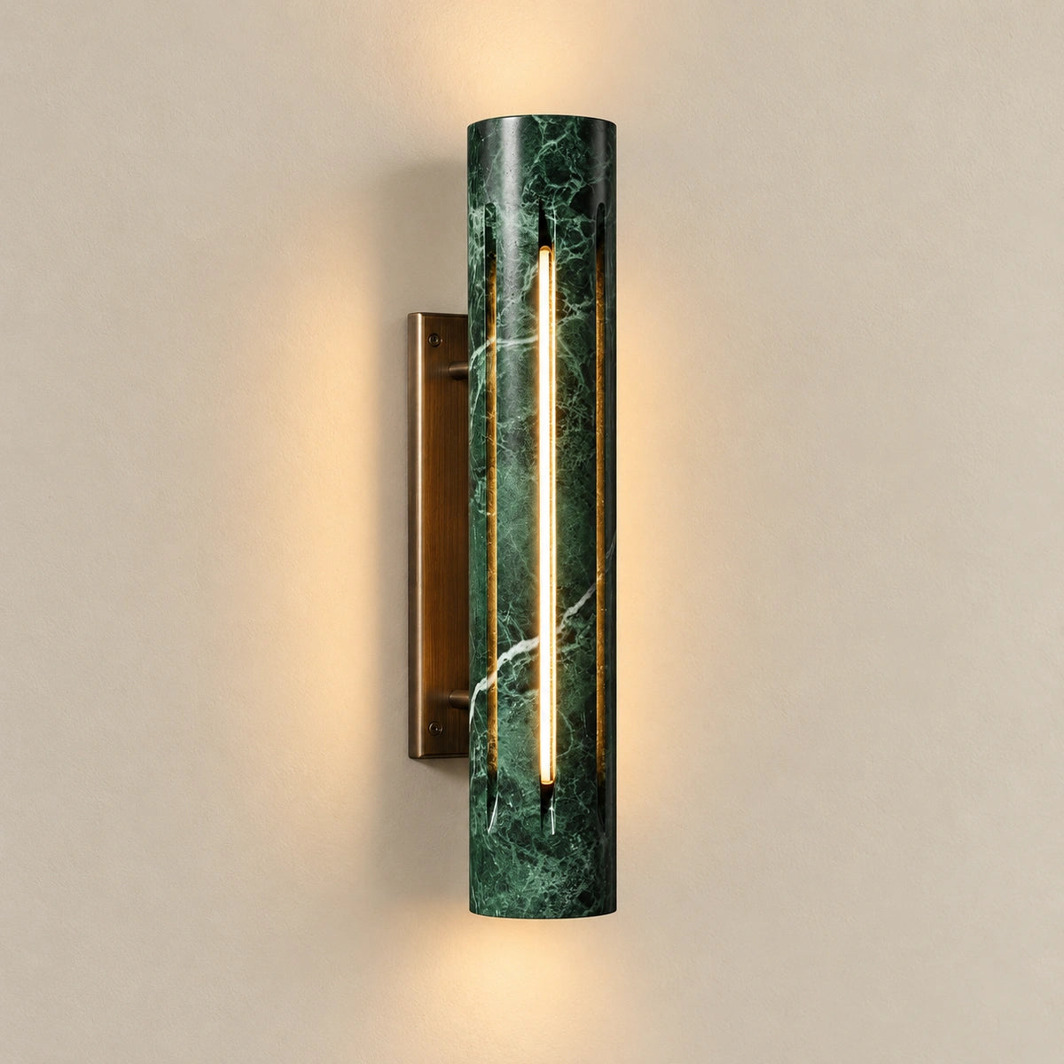 Cylo Green marble wall lamp — styled full-product hero with antique brass mount