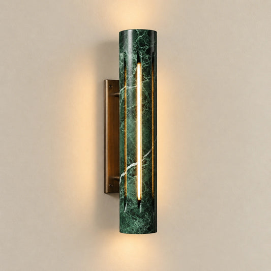 Cylo Green marble wall lamp — styled full-product hero with antique brass mount