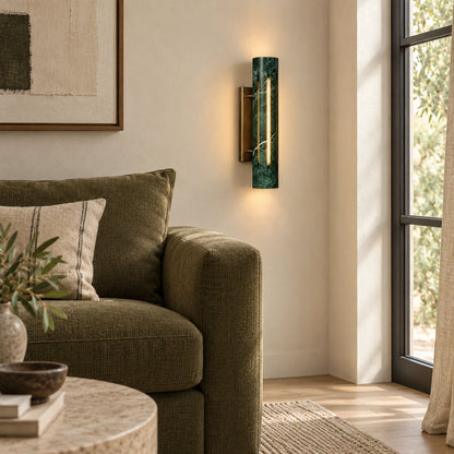Cylo Green marble wall lamp — styled living view with antique brass mount