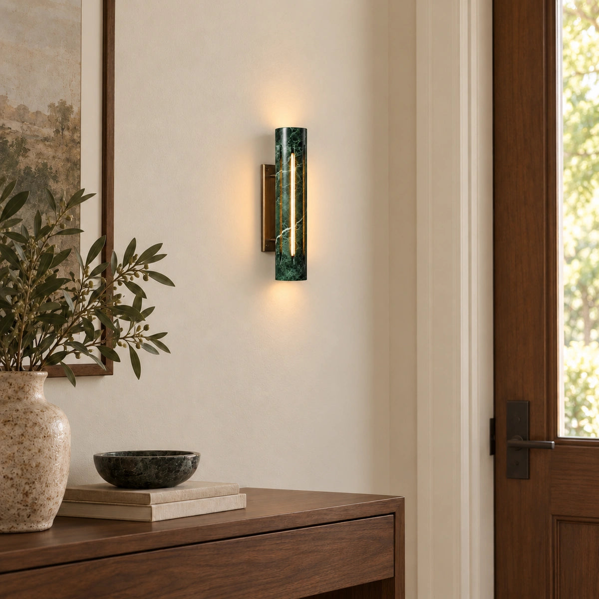 Cylo Green marble wall lamp — styled roomuse view with antique brass mount