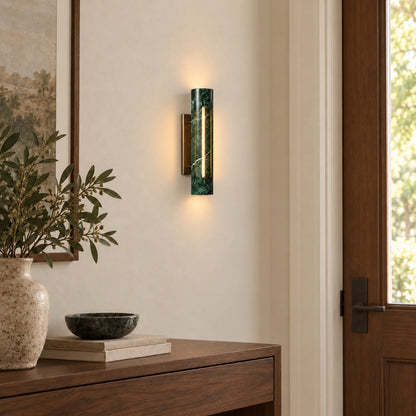 Cylo Green marble wall lamp — styled roomuse view with antique brass mount