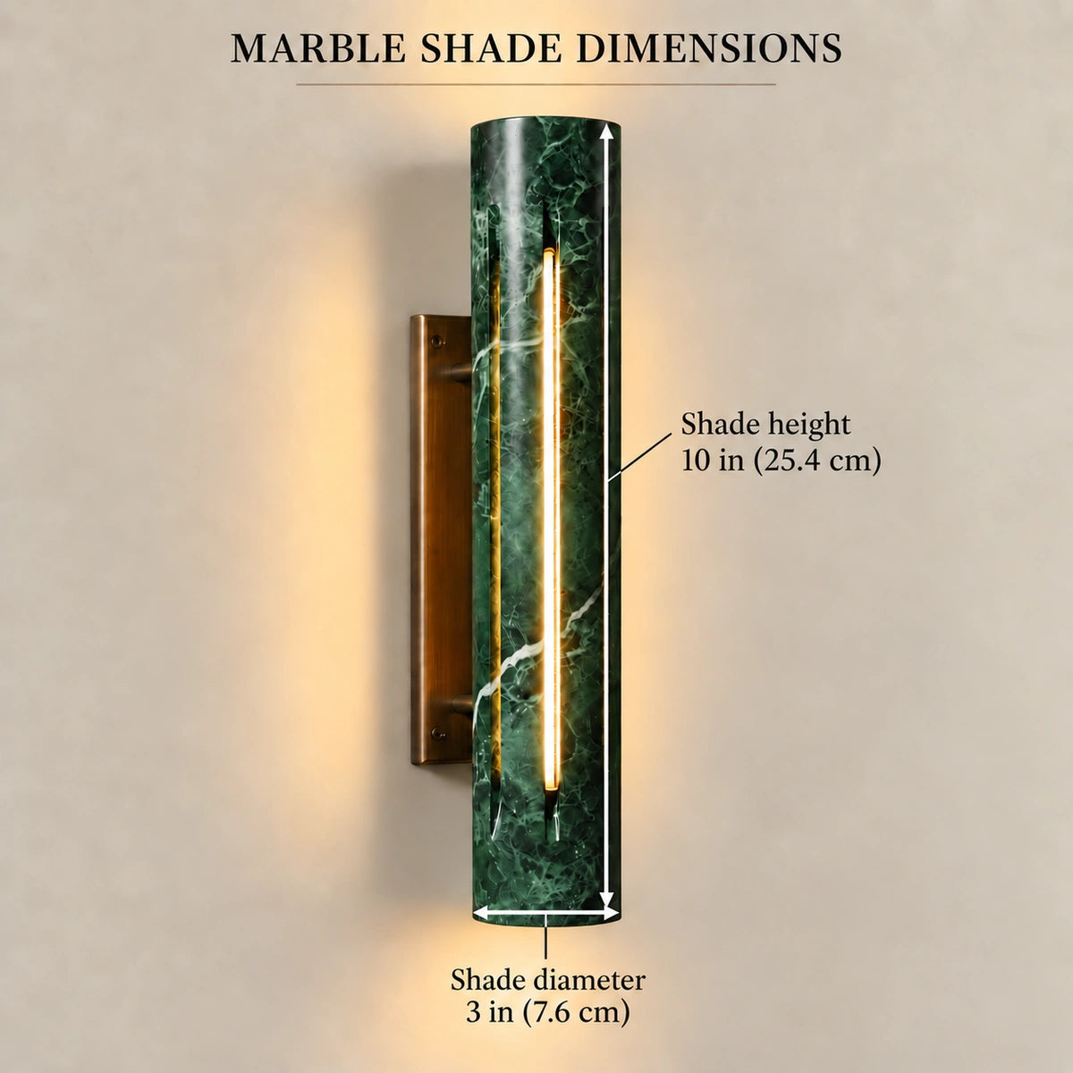 Cylo Green marble shade dimensions: 10 inch height and 3 inch diameter; arrows on shade; styled illustration