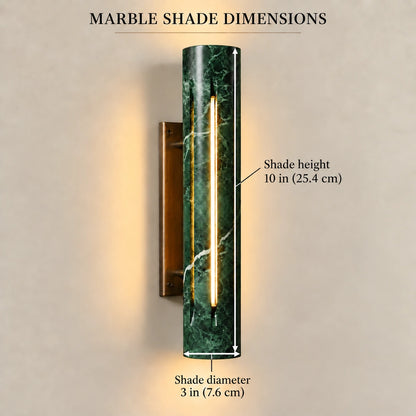 Cylo Green marble shade dimensions: 10 inch height and 3 inch diameter; arrows on shade; styled illustration