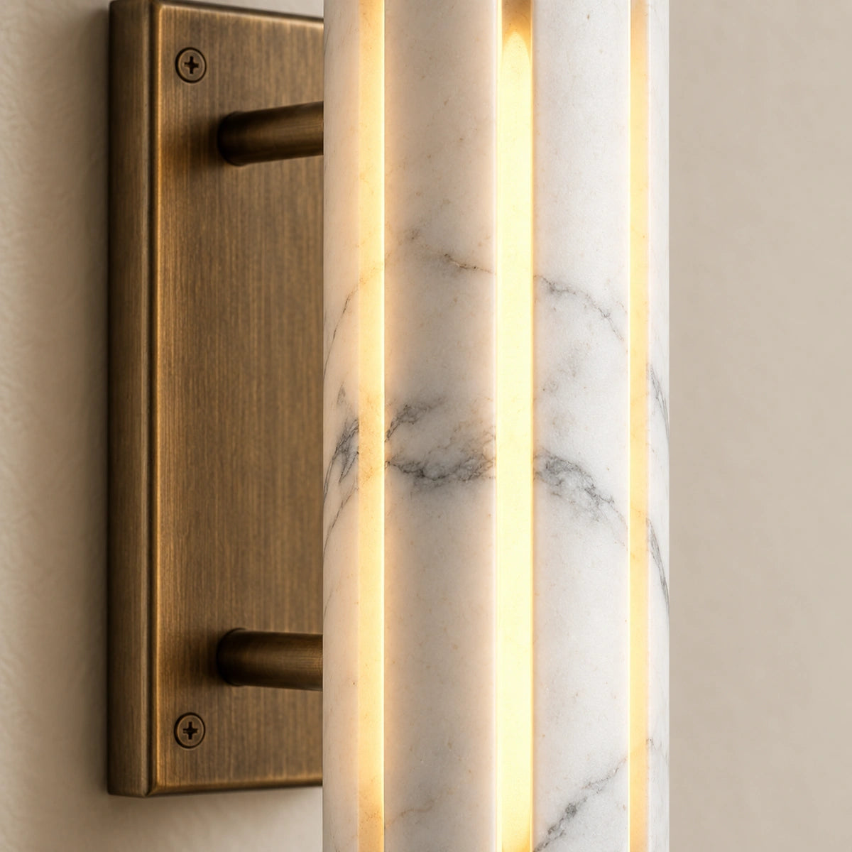Cylo White marble wall lamp — styled detail view with antique brass mount