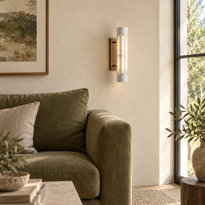 Cylo White marble wall lamp — styled living view with antique brass mount
