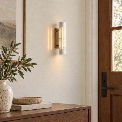 Cylo White marble wall lamp — styled roomuse view with antique brass mount