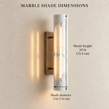 Cylo White marble shade dimensions: 10 inch height and 3 inch diameter; arrows on shade; styled illustration