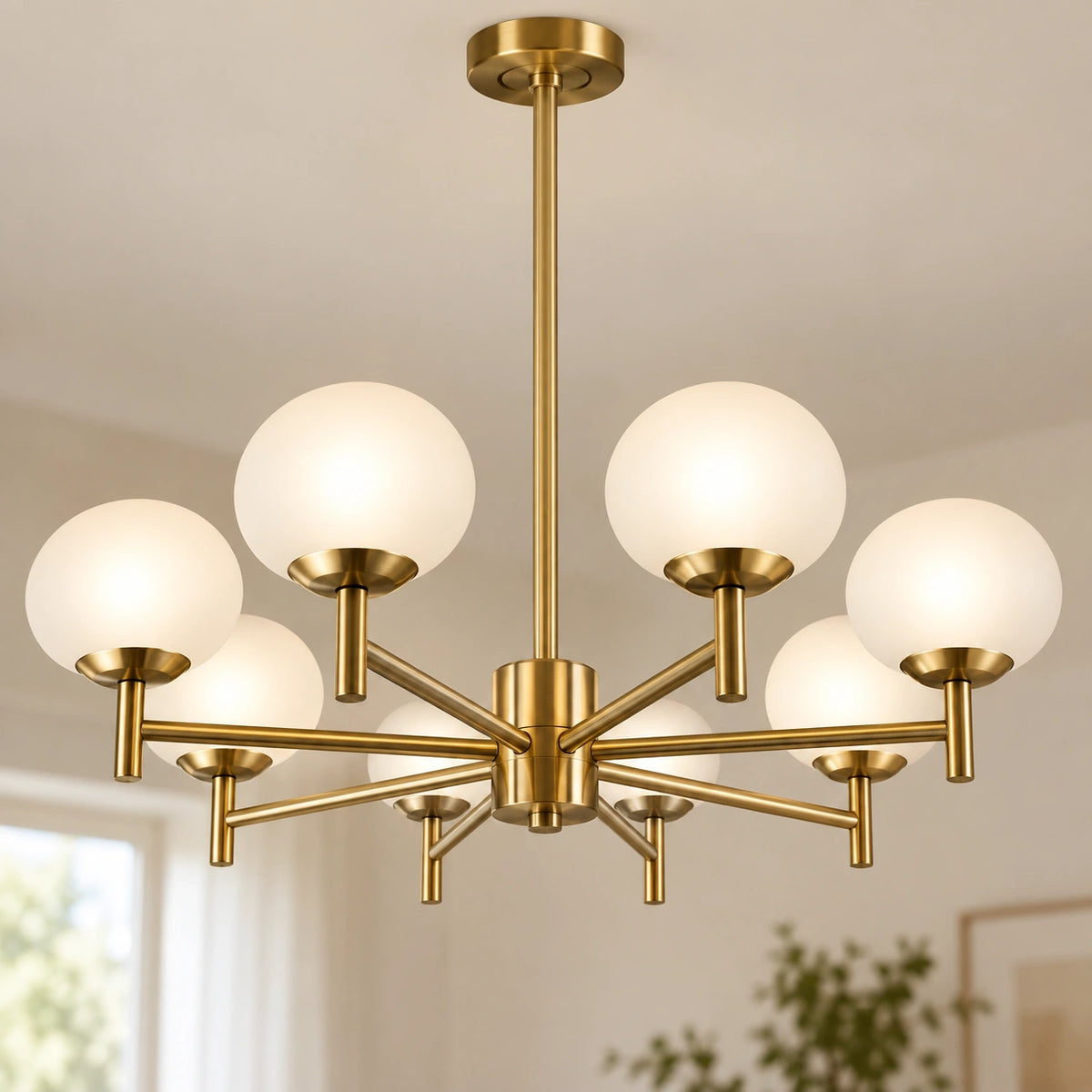 Close-up of eight-globe chandelier central hub and radial arm attachments