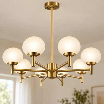 Close-up of eight-globe chandelier central hub and radial arm attachments