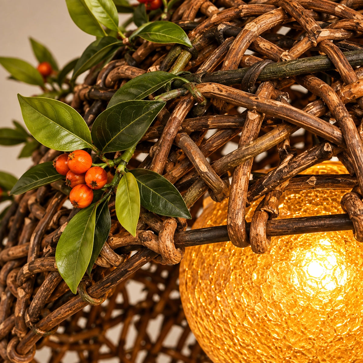 Close-up of the woven texture, botanical accent and amber globe