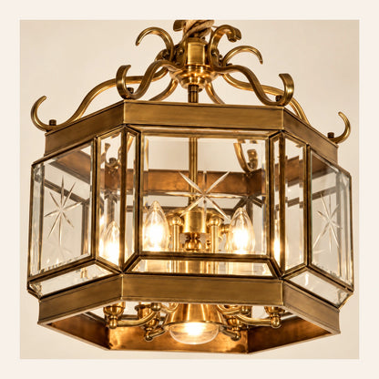 Close-up of bevelled glass, antique frame joints and crown scrollwork