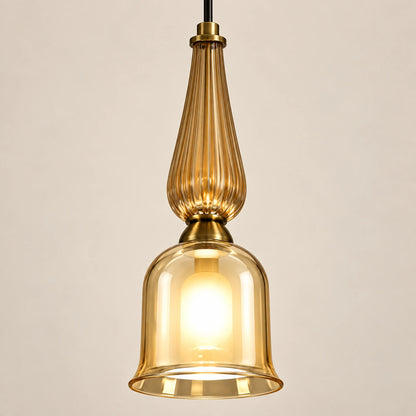 Close-up of the fluted amber glass neck and rounded lantern body