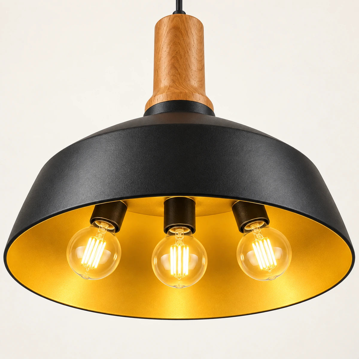 Close-up of wood-tone neck, black iron dome, gold interior and three E27 holders