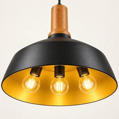 Close-up of wood-tone neck, black iron dome, gold interior and three E27 holders