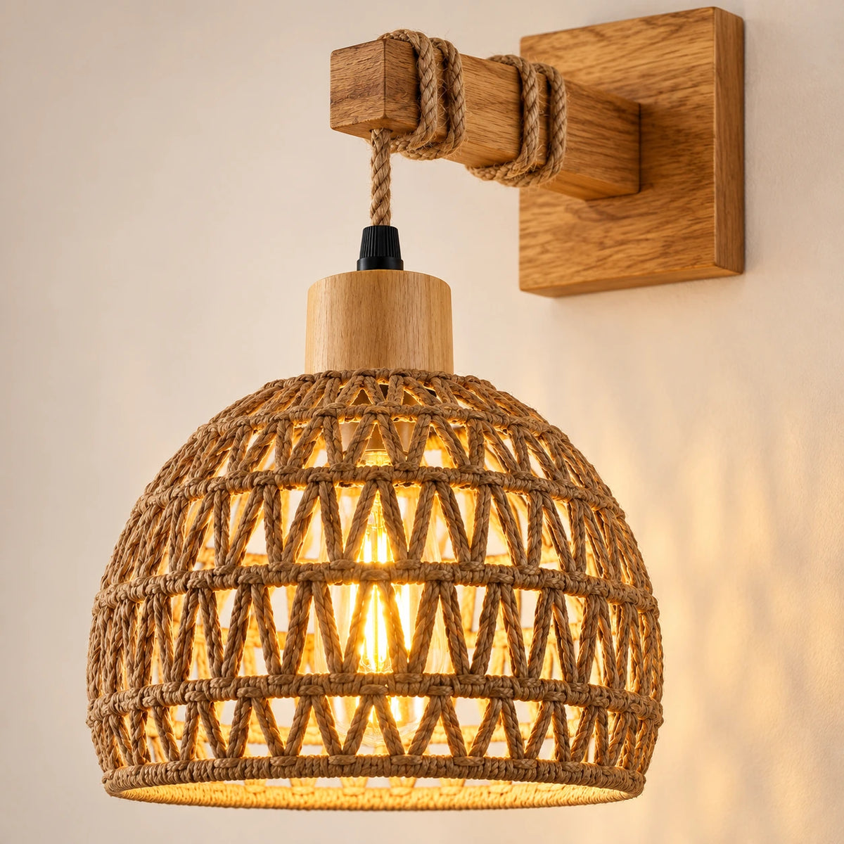 Close-up of the natural rope weave, flat lower rim and wall-arm connection
