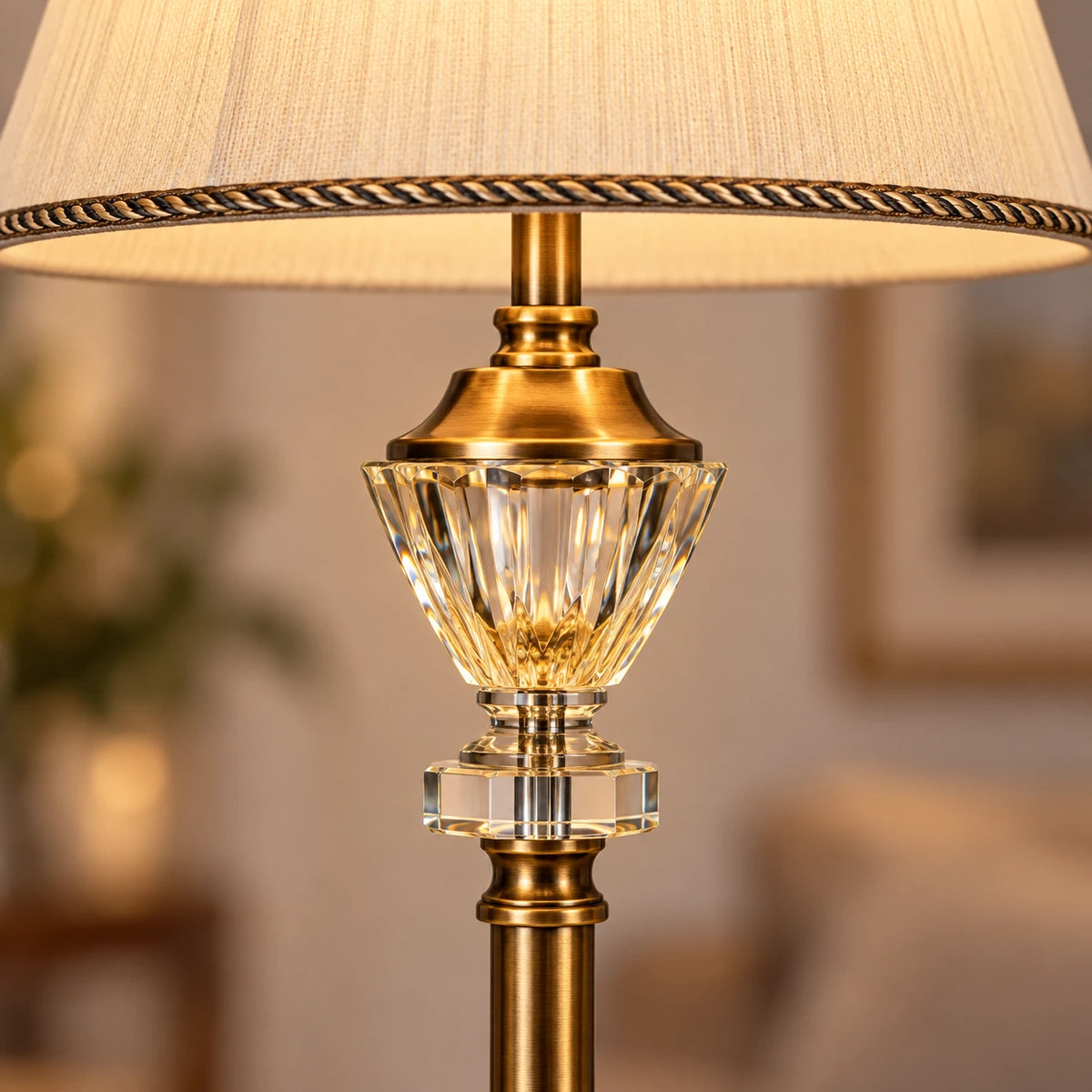 Close-up of the fabric shade, crystal urn and antique-brass-tone fittings