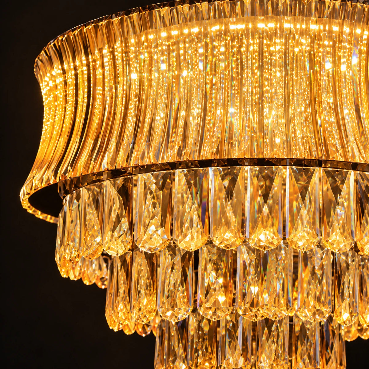 Close-up of amber faceted band and layered crystal fringe