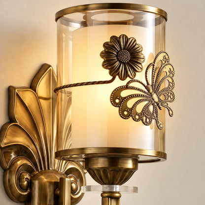 Close-up of the flower and butterfly motifs around the cylindrical shade