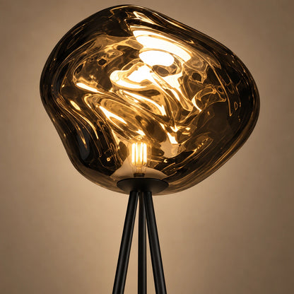 Close-up of the smoke acrylic globe, bulb, holder and tripod junction