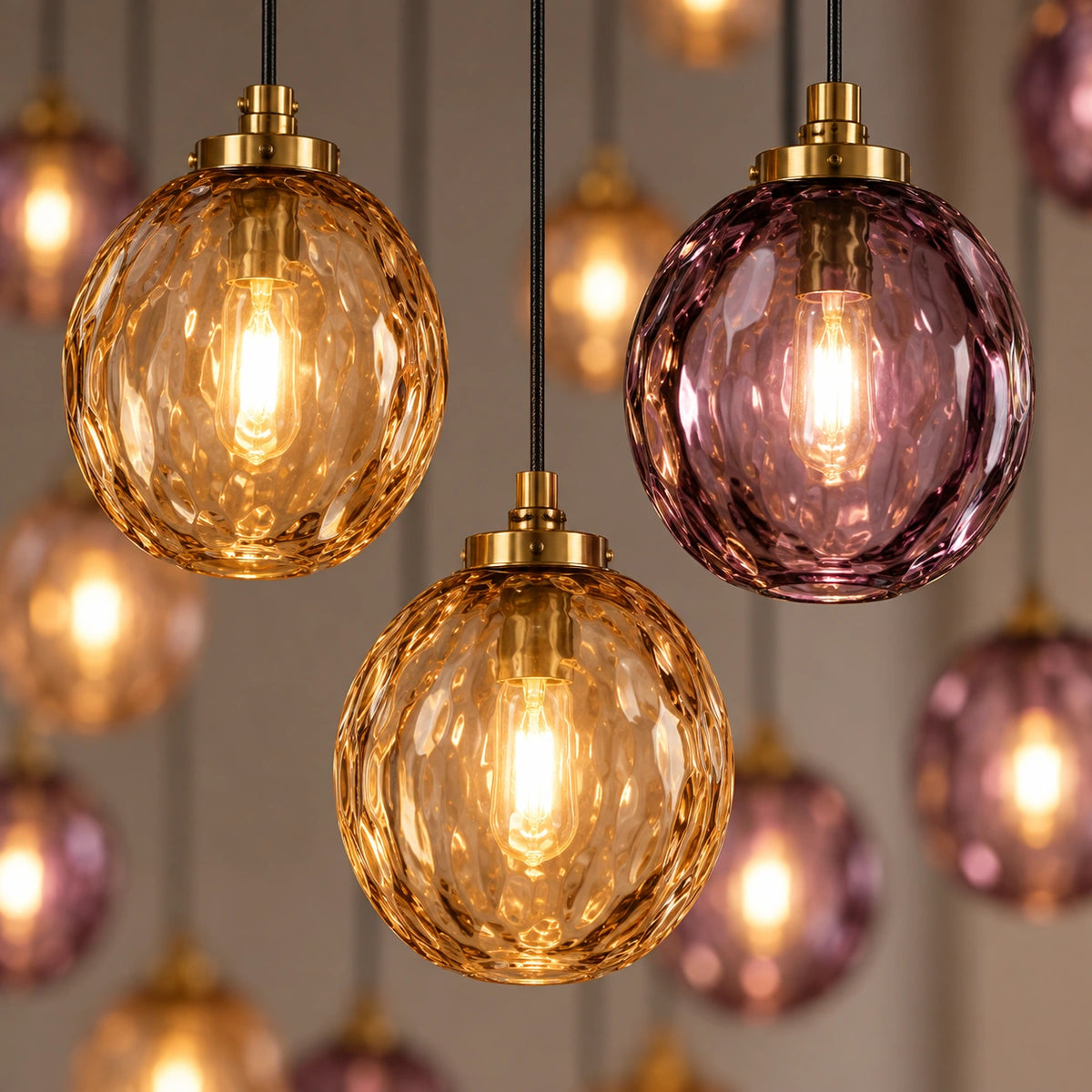 Close-up of amber and smoke glass globes with suspension details