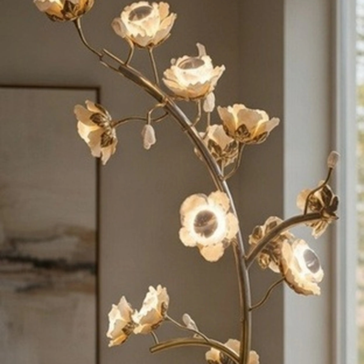 Close-up of illuminated flower forms and branch connections