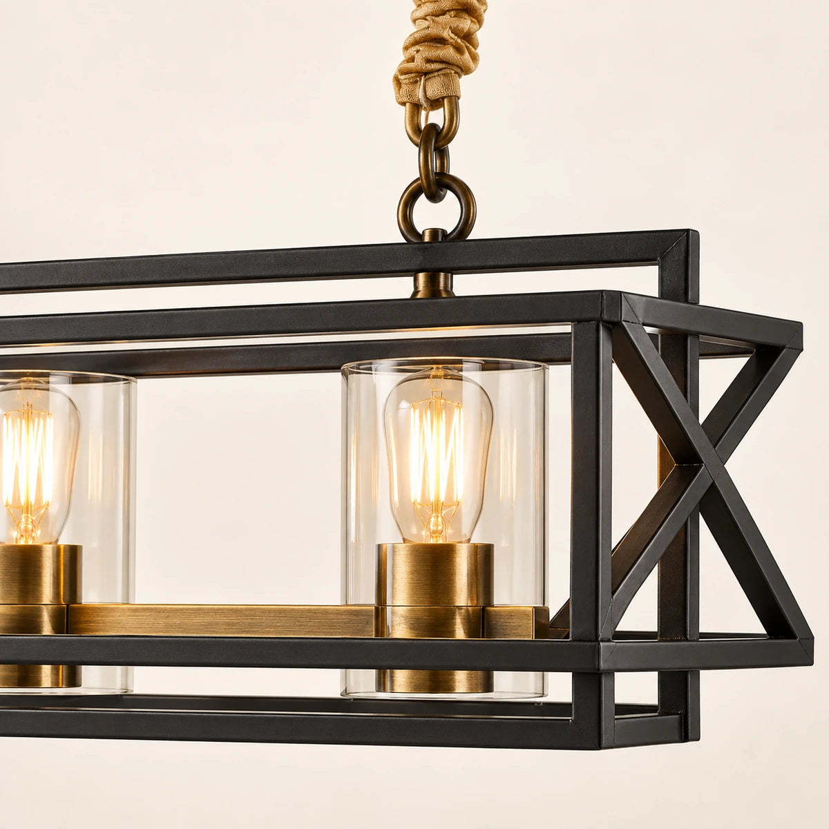 Close-up of clear glass, black iron frame and antique-brass lamp holder