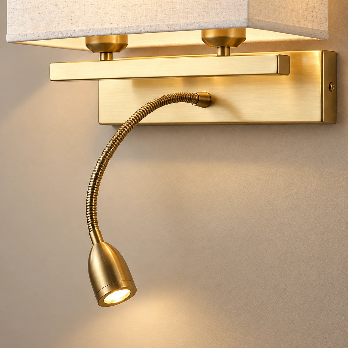 Close-up of the flexible gold reading arm and tapered light head