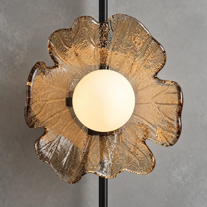 Close-up of the warm globe and textured translucent amber petal detail
