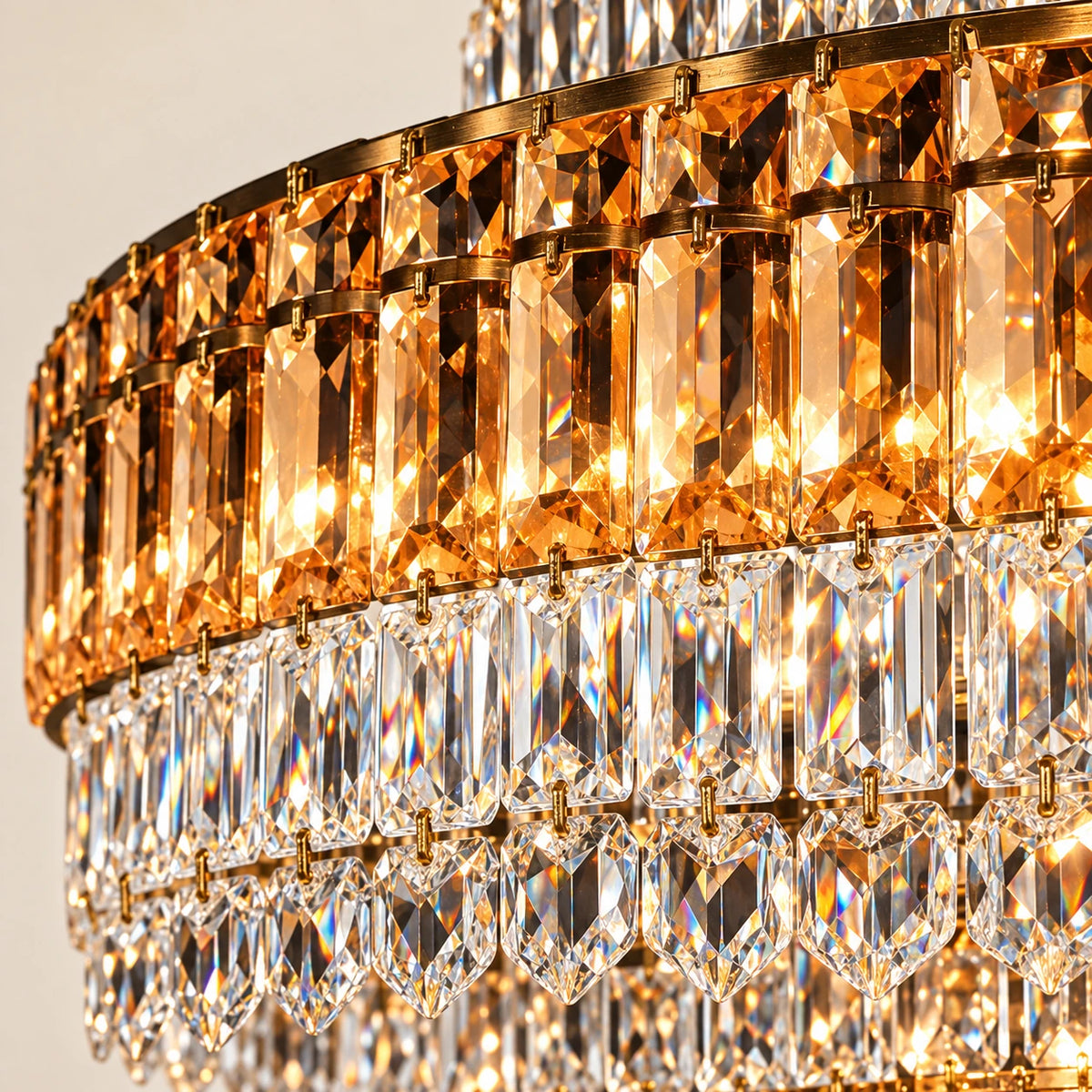Close-up of the amber crystal band, clear crystal rows and gold-toned framework
