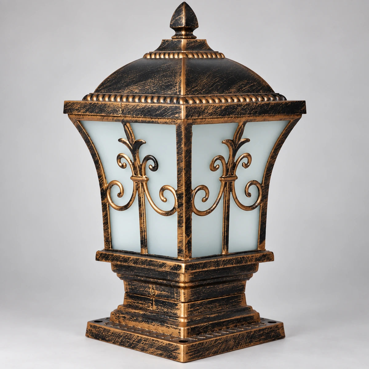 Close-up of frosted panels, scrollwork, rope trim and stepped base