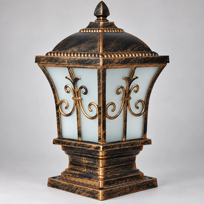 Close-up of frosted panels, scrollwork, rope trim and stepped base