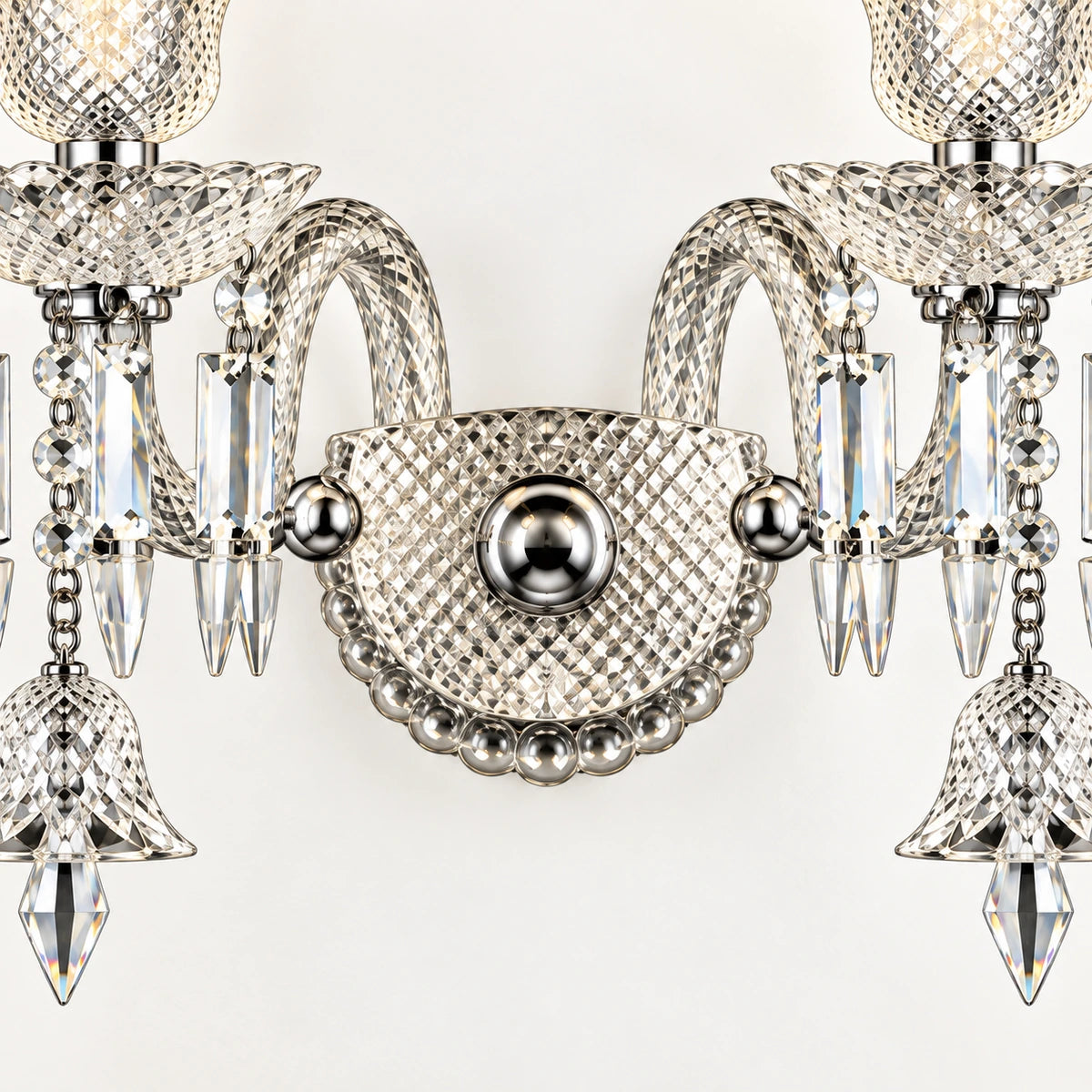 Close-up of the central textured plate, mirrored arms and crystal fringes