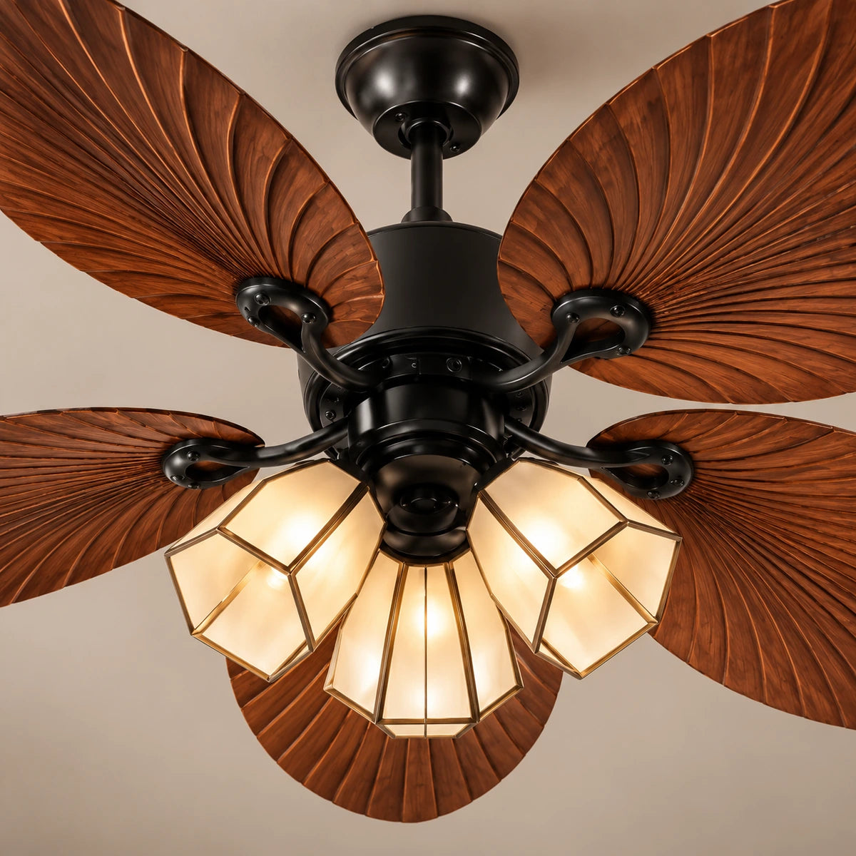 Arbor ceiling fan central housing, five blade brackets and three-light cluster