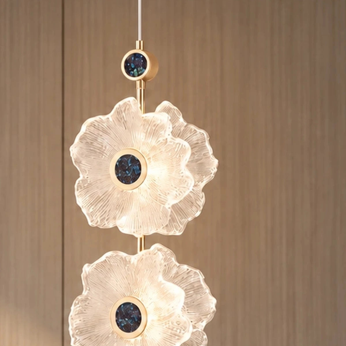 Celestia pendant textured floral glass layers and blue centre detail