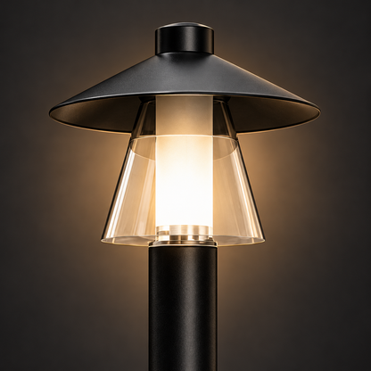Close detail of the shallow cap, clear housing and illuminated diffuser