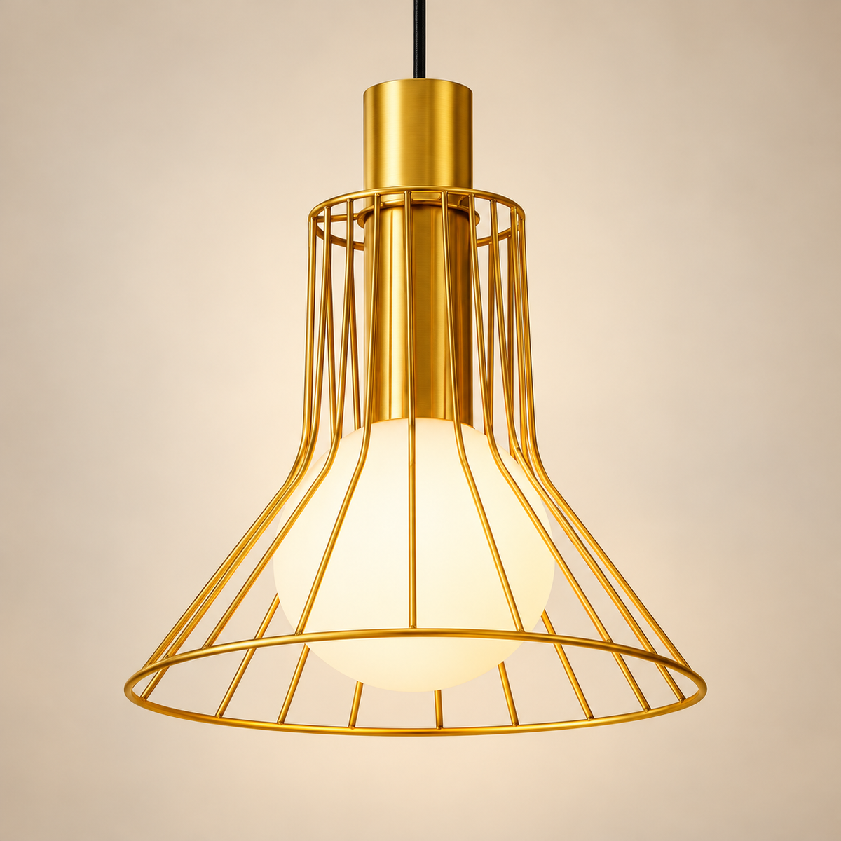 Close detail of the gold wire cage and white acrylic diffuser