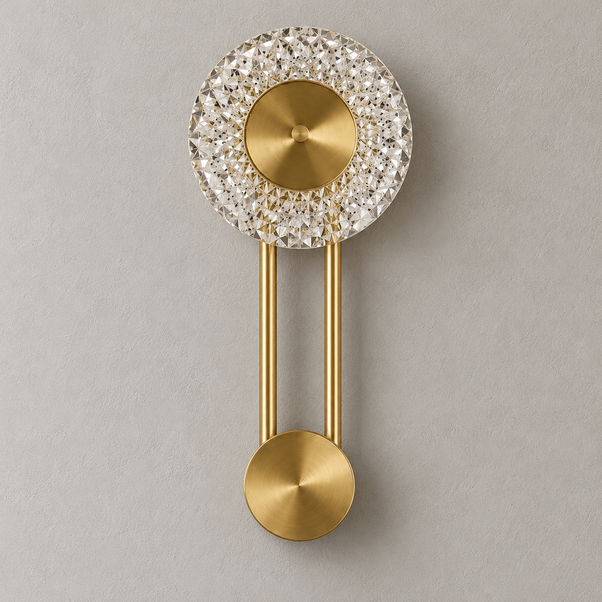 Close-up of the Celestine wall light's faceted crystal halo, brushed-gold centre, twin rods and lower disc