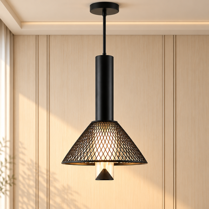 Close-up of the Nocturne pendant's long black cylinder, diamond-mesh cone, clear diffuser and lower tip