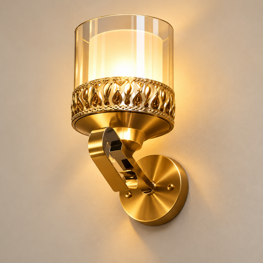 Double glass wall light with a gold-tone ornamental band, curved support and round wall plate