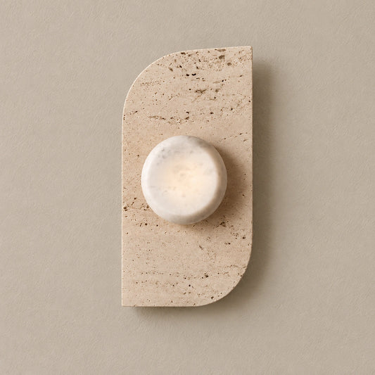 Dune Travertine Wall Lamp - dune-wall-lamp - full fixture, video-verified styled hero - 2026-10-02