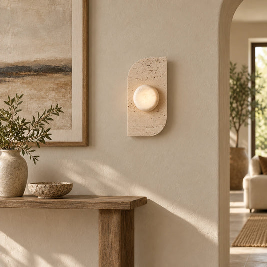 Dune Travertine Wall Lamp - dune-wall-lamp - true-scale wall-mounted styled scene - 2026-10-02