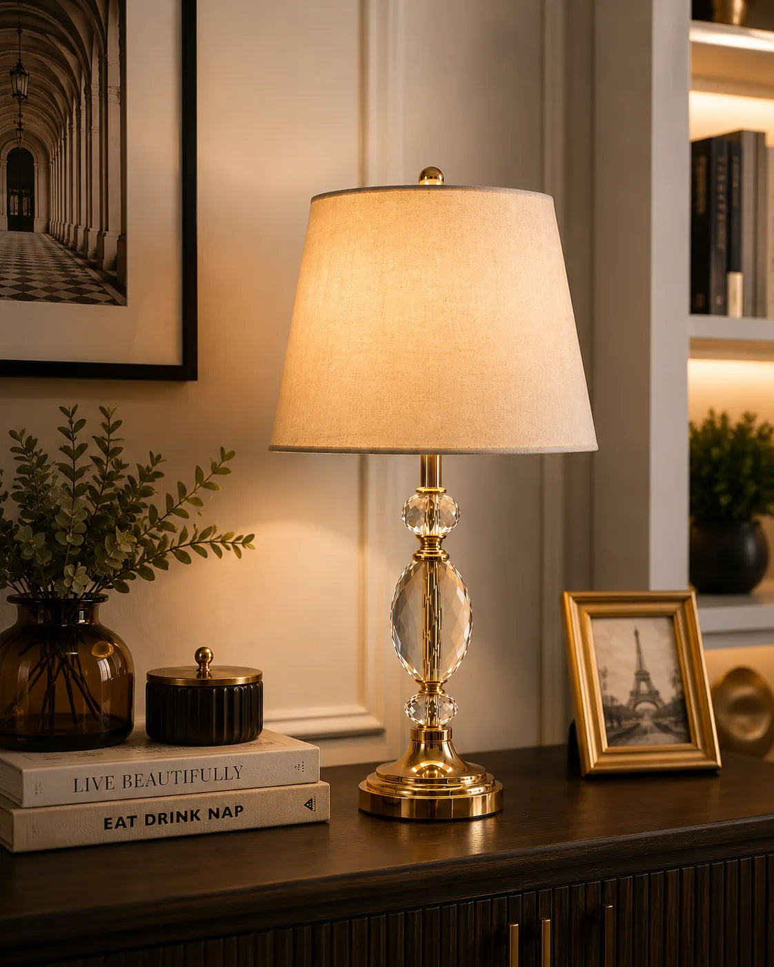 Crystal Globe Table Lamp – Stacked Faceted Crystal with Antique Brass Base & Linen Shade - Bliss and Birch