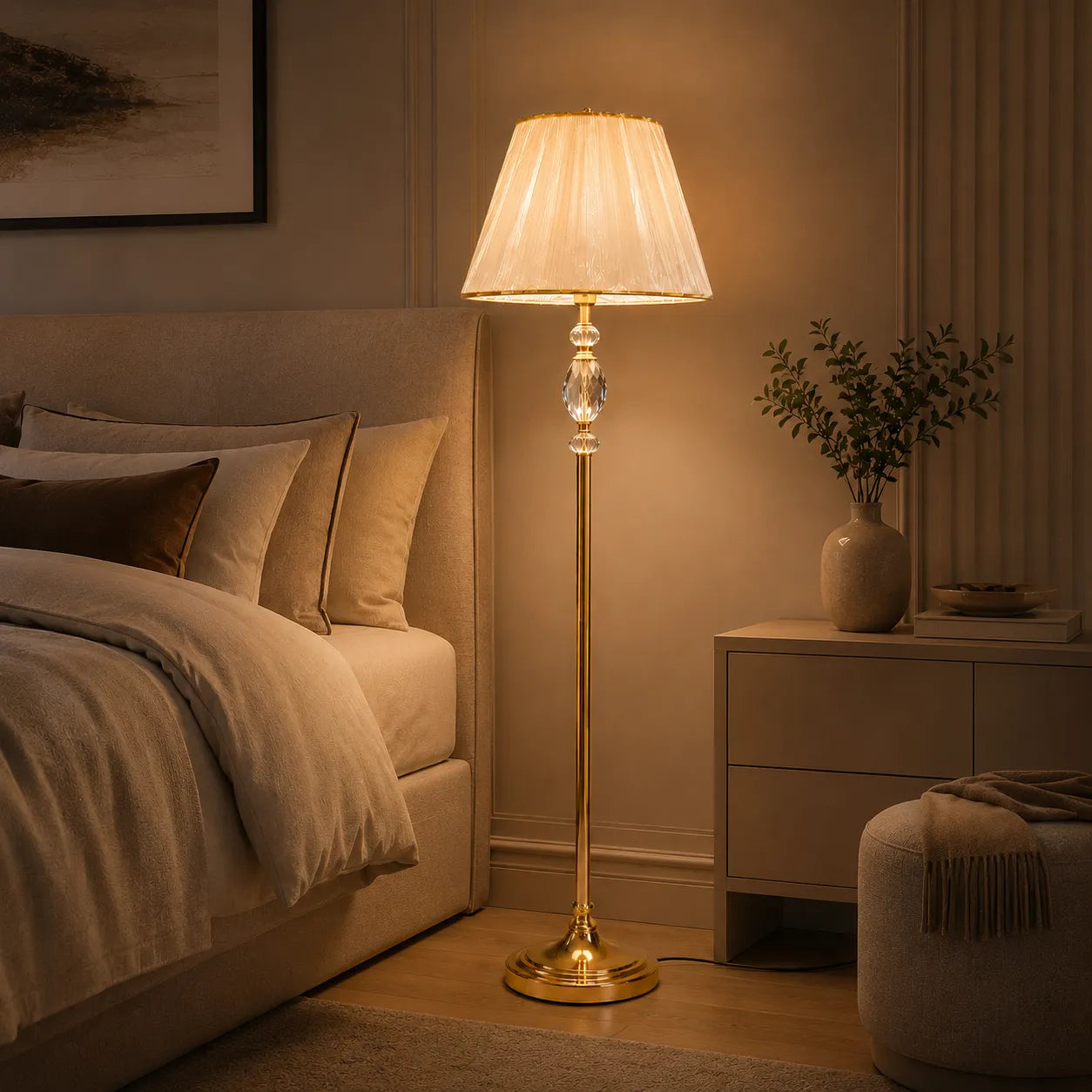 Crystal Ellipse Floor Lamp – Faceted Crystal Body with Antique Gold Brass Pole & Organza Pleated Shade
