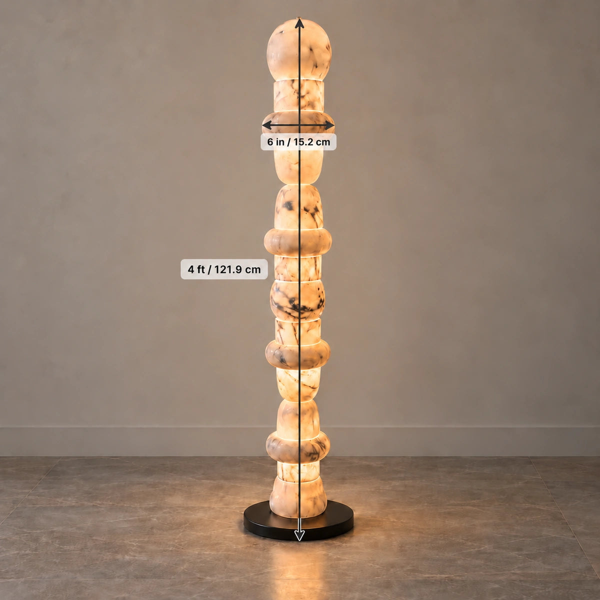 Bliss & Birch Trio Floor Lamp - verified 4 ft height and 6 inch stone-body width on generated styled image