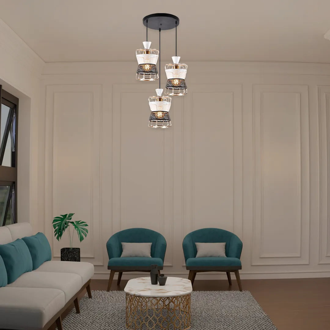 B&B Dual-Tone Carved Metal Triple Pendant Light – White & Black