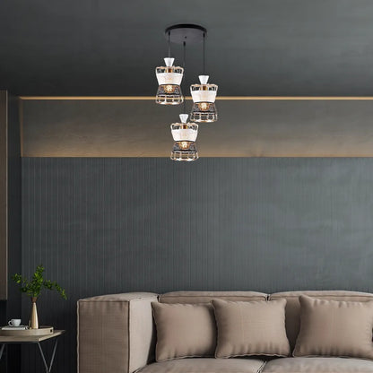 B&B Dual-Tone Carved Metal Triple Pendant Light – White & Black