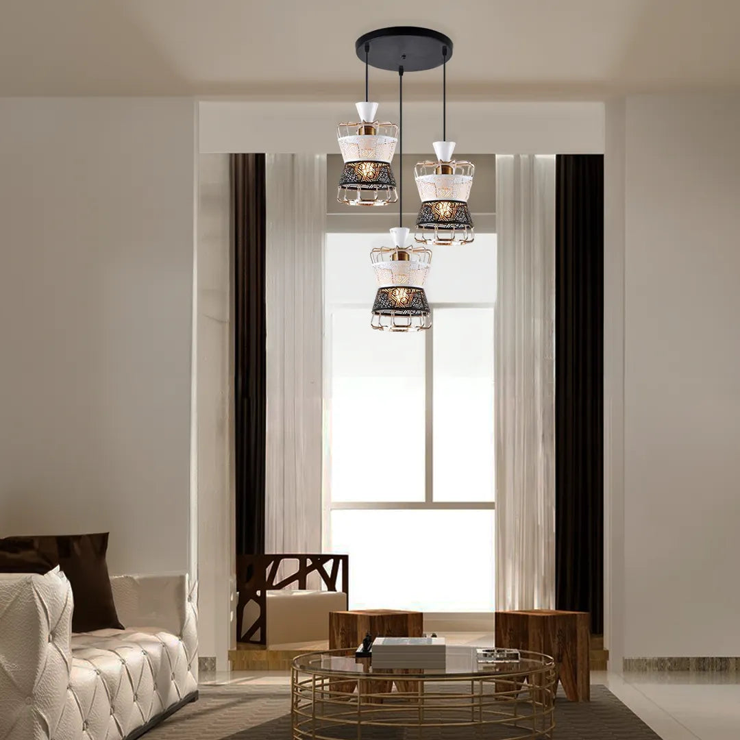 B&B Dual-Tone Carved Metal Triple Pendant Light – White & Black
