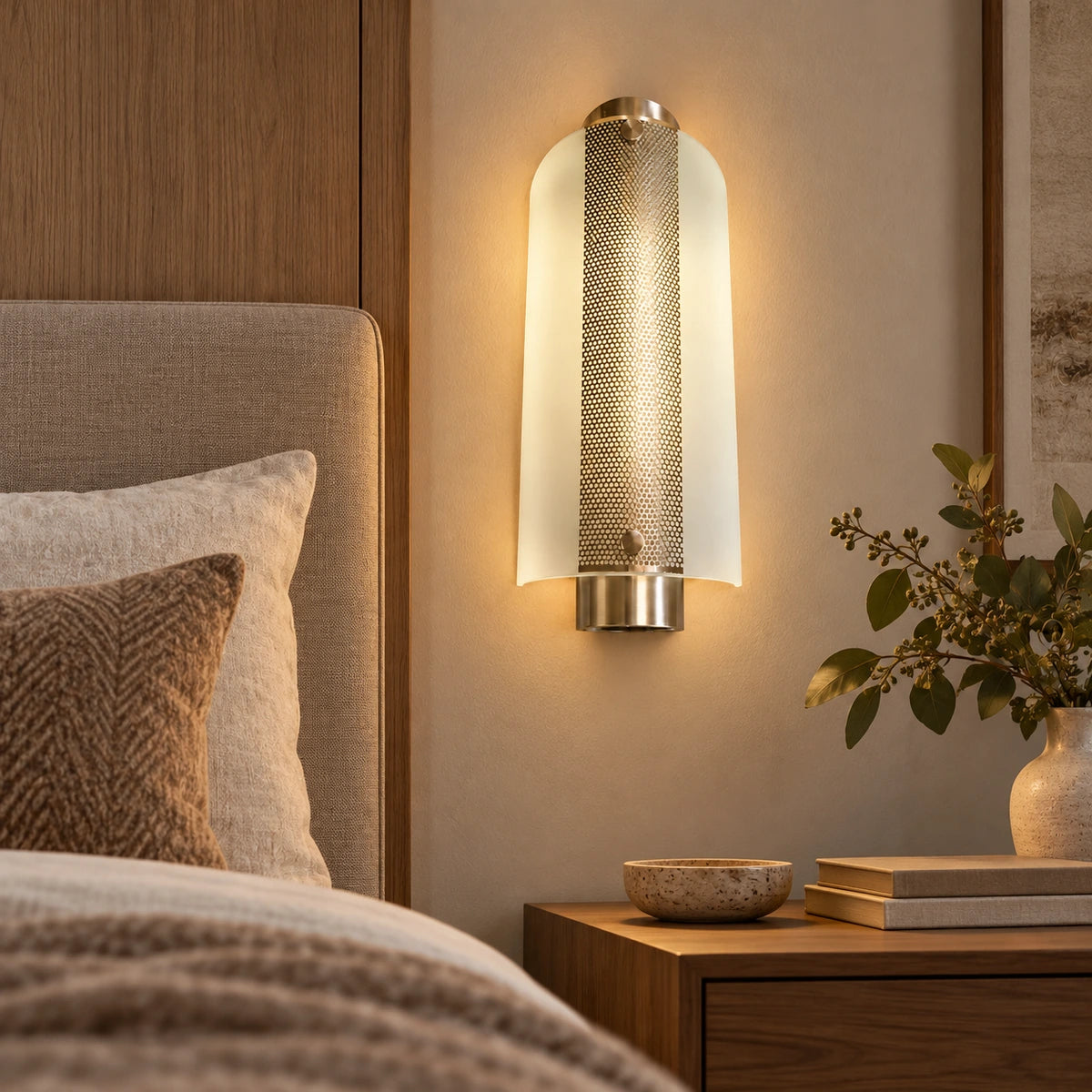 Frosted-glass wall light beside a bed
