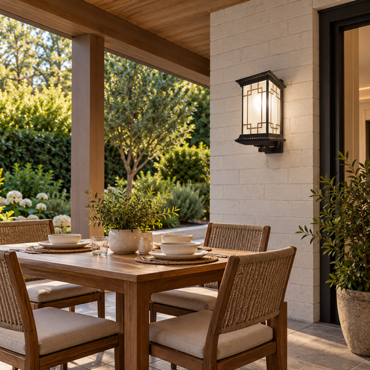 Geometric panel box wall lantern beside a dining table and chairs under a covered patio roof
