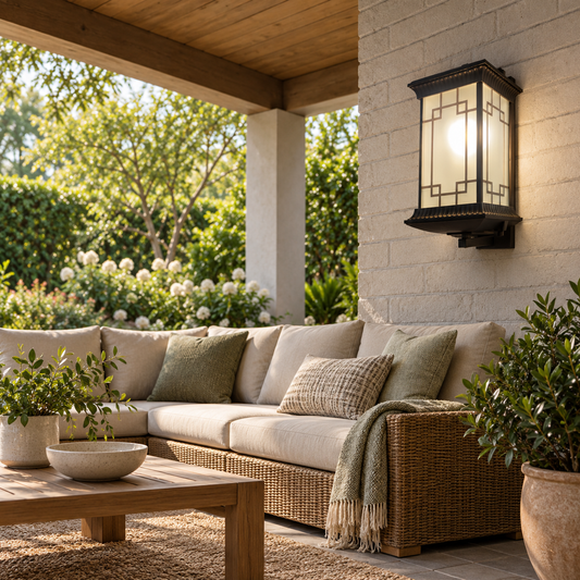 Geometric panel box wall lantern shown above a woven sofa and coffee table on a covered patio
